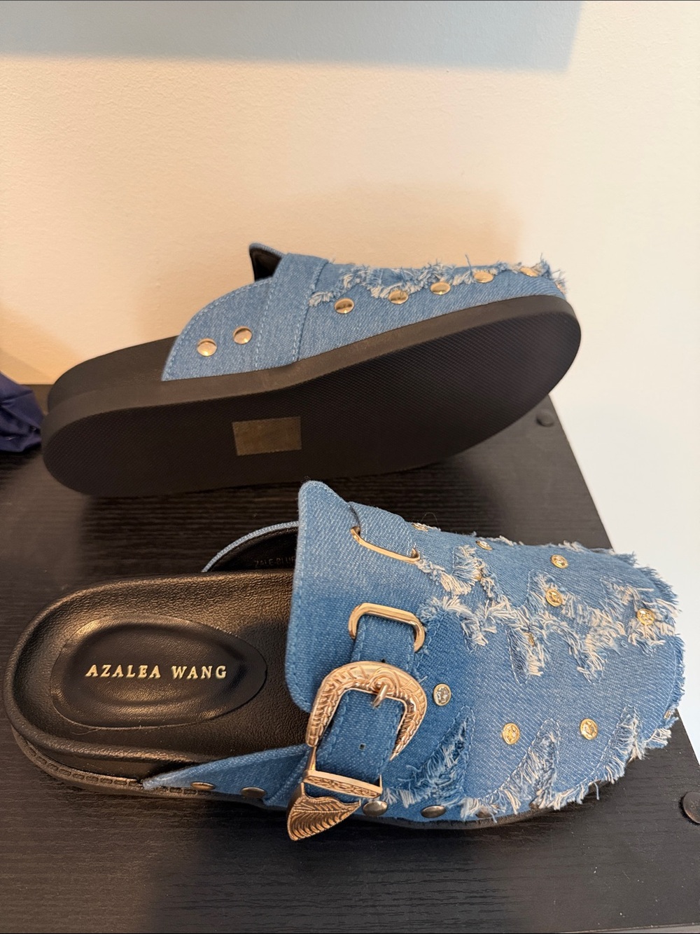 Azalea Wang Denim Mule Slides Studded Wide Fit Size 8W